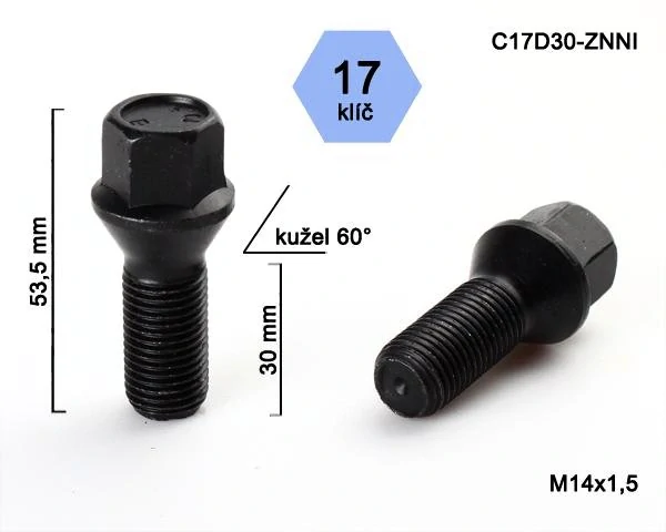 Kolový šroub M14x1,5x30mm, dosedací plocha kužel, klíč 17, černý pozink, BIMECC