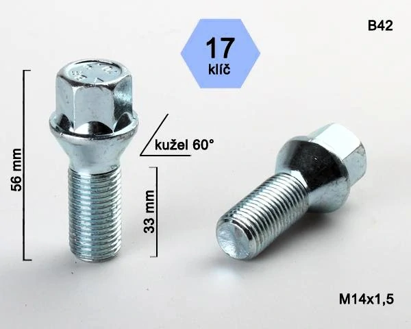 Kolový šroub M14x1,5x33mm, dosedací plocha kužel, klíč 17, pozink, BIMECC