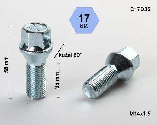 Kolový šroub M14x1,5x35mm, dosedací plocha kužel, klíč 17, pozink, BIMECC