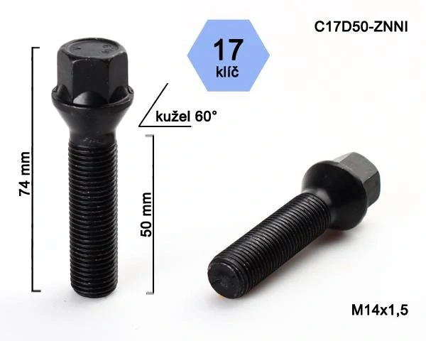 Kolový šroub M14x1,5x50mm, dosedací plocha kužel, klíč 17, černý pozink, BIMECC