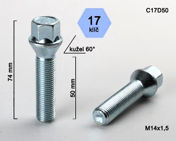 Kolový šroub M14x1,5x50mm, dosedací plocha kužel, klíč 17, pozink, BIMECC