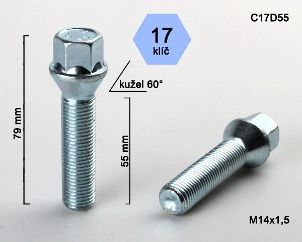 Kolový šroub M14x1,5x55mm, dosedací plocha kužel, klíč 17, pozink, BIMECC