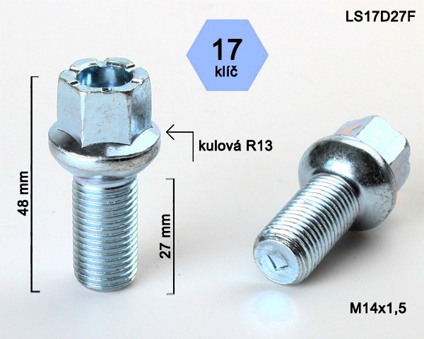 Kolový šroub M14x1,5x27mm, dosedací plocha koule R13, klíč 17, pozink