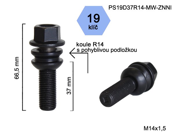 Kolový šroub M14x1,5x37mm, dosedací plocha koule R14 pohyblivá, klíč 19, pozink černý