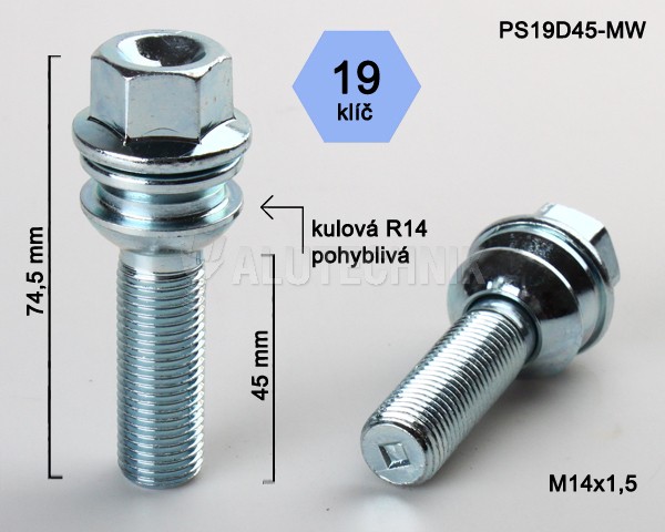 Kolový šroub M14x1,5x45mm, dosedací plocha koule R14 pohyblivá, klíč 19, pozink