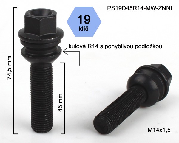 Kolový šroub M14x1,5x45mm, dosedací plocha koule R14 pohyblivá, klíč 19, pozink