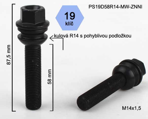 Kolový šroub M14x1,5x58mm, dosedací plocha koule R14 pohyblivá, klíč 19, pozink černý