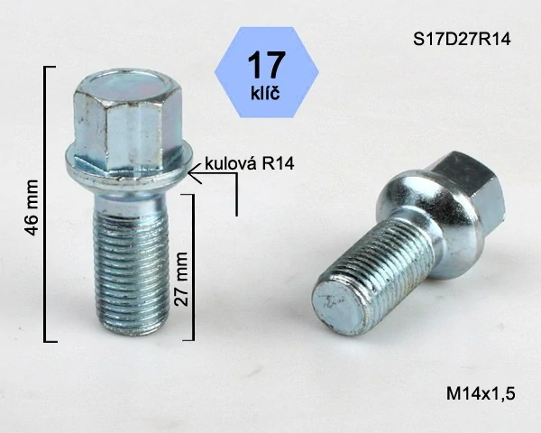 Kolový šroub M14x1,5x27mm, dosedací plocha koule R14, klíč 17, pozink