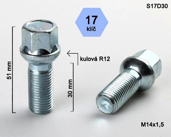 Kolový šroub M14x1,5x30mm, dosedací plocha koule R12, klíč 17, pozink