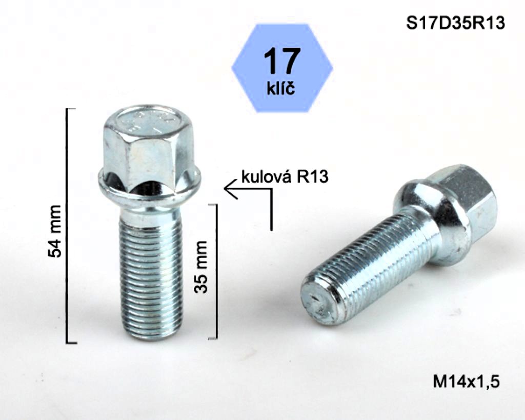 Kolový šroub M14x1,5x35mm, dosedací plocha koule R13, klíč 17, pozink stříbrný