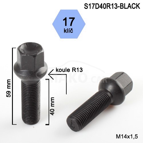 Kolový šroub M14x1,5x40mm, dosedací plocha koule R13, klíč 17, černý pozink