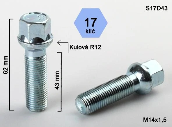 Kolový šroub M14x1,5x43mm, dosedací plocha koule R12, klíč 17, pozink