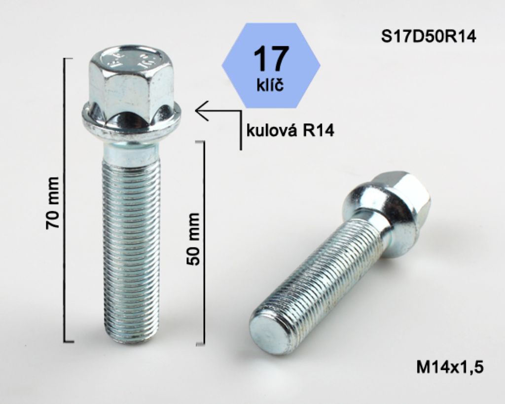 Kolový šroub M14x1,5x47mm dosedací plocha koule R12, klíč 17, pozink