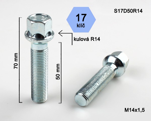 Kolový šroub M14x1,5x50mm, dosedací plocha koule R14, klíč 17, pozink