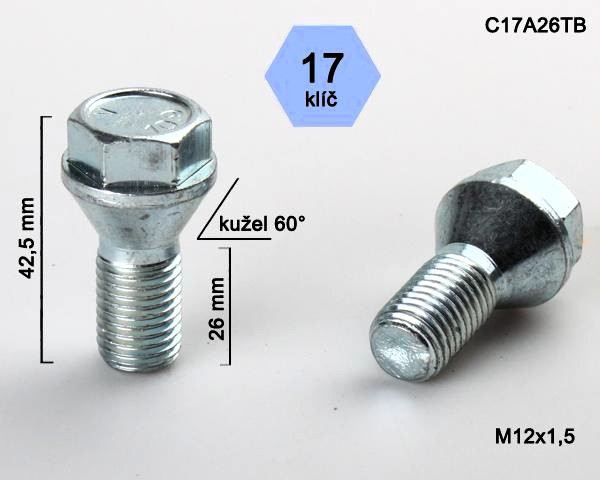 Kolový šroub M12x1,5x26mm, kužel 60° s krátkou hlavou, klíč 17, pozink