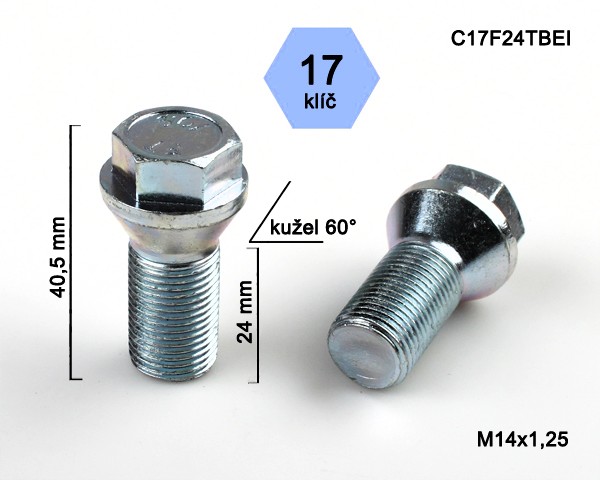 Kolový šroub M14x1,25x24mm kužel 60° s krátkou hlavou, klíč 17, pozink