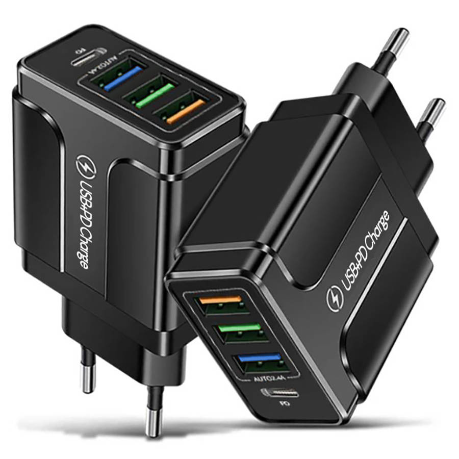 Síťová nabíječka 3x USB a 1x PD port (USB-C), černá