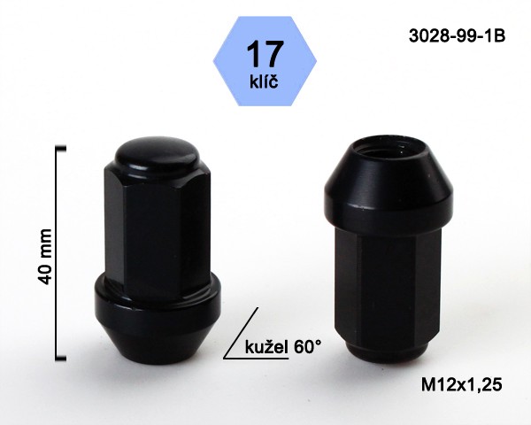 Kolová matice M12x1,25mm, dosedací plocha kužel odlehčená, klíč 17, černý hliník