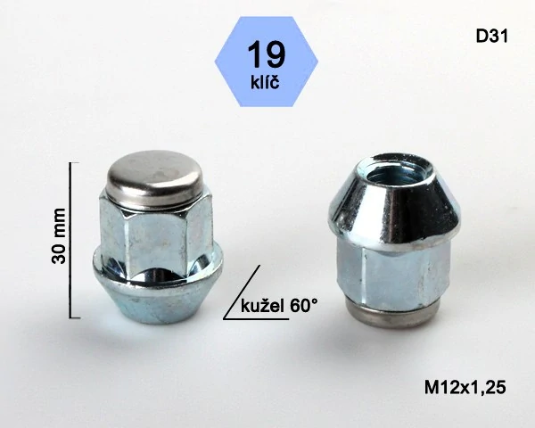 Kolová matice M12x1,25mm, dosedací plocha kužel, nerez víčko, klíč 19, pozink