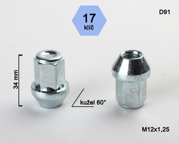 Kolová matice M12x1,25mm, dosedací plocha kužel, zavřená, klíč 17, pozink