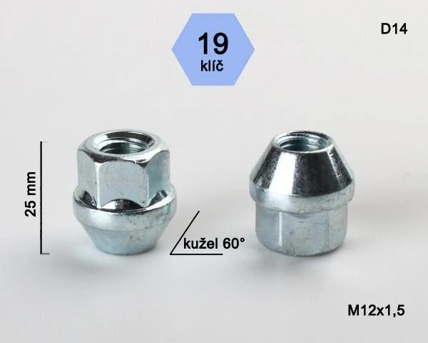 Kolová matice M12x1,5mm, dosedací plocha kužel, otevřená, klíč 19, pozink stříbrný
