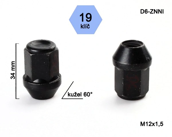 Kolová matice M12x1,5mm, dosedací plocha kužel, zavřená, klíč 19, černý pozink