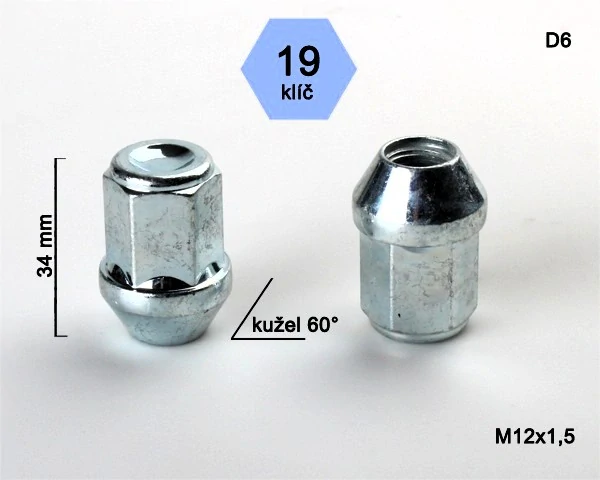 Kolová matice M12x1,5mm, dosedací plocha kužel, zavřená, klíč 19, pozink