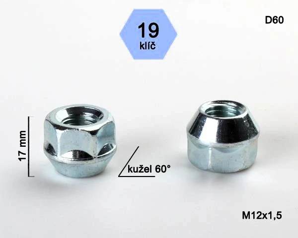 Kolová matice M12 x 1,5mm, dosedací plocha kužel, otevřená, klíč 19, pozink