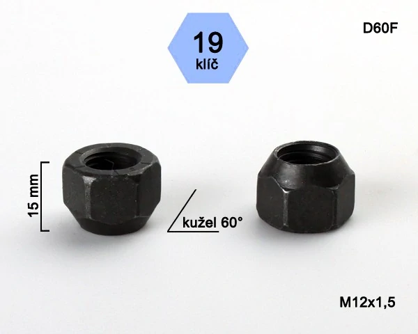 Kolová matice M12x1,5mm, dosedací plocha kužel, otevřená, klíč 19, černý pozink