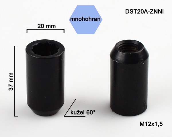 Kolová matice M12x1,5, kužel s vnitřním mnohohranem, průměr 20, černý pozink