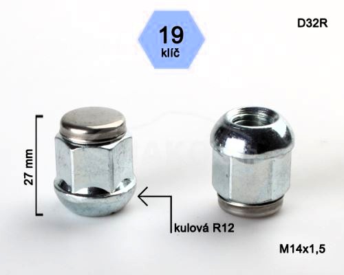 Kolová matice M14x1,5mm, dosedací plocha koule R12, nerez víčko, klíč 19, pozink