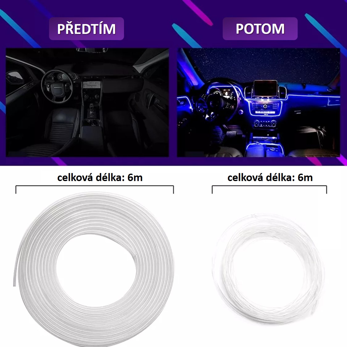 Akce - ambientní LED RGB osvětlení do auta, iOS a Android s Bluetooth, 6m, 12V