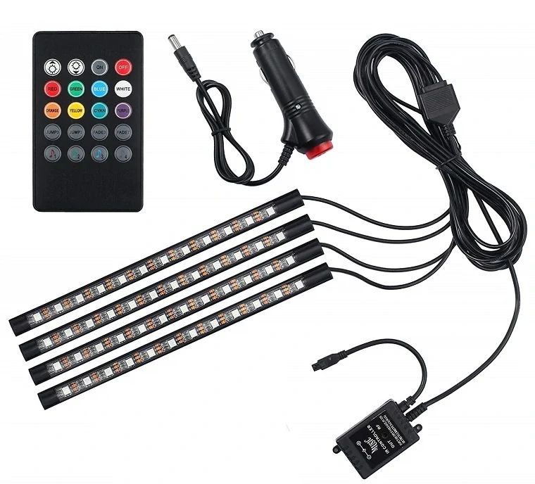 VÝPRODEJ - LED RGB 4x22cm osvětlení do interiéru aut, s dálkovým ovládáním