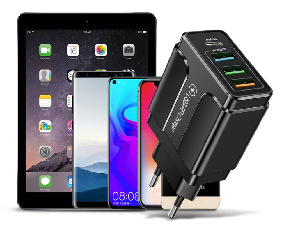 Síťová nabíječka 3x USB a 1x PD port (USB-C), černá