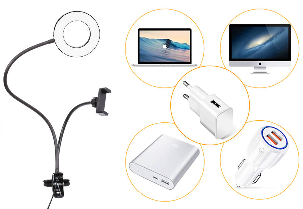 Kruhové světlo USB 30W na ohebné hlavici LED RING pro líčení a streamování, flexibilní stativ a držák telefonu