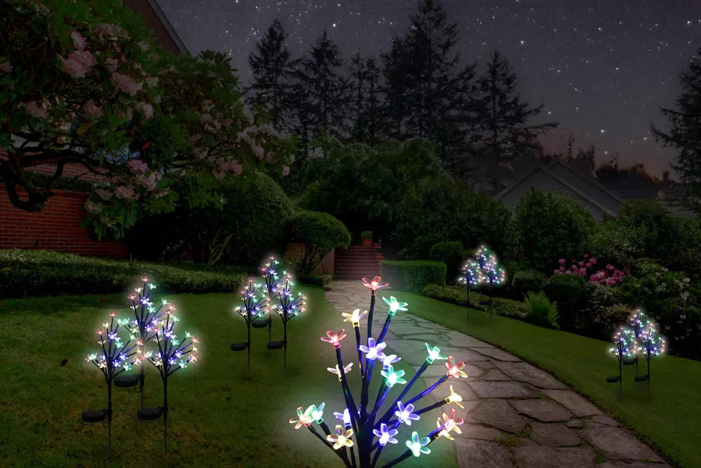 Solární zahradní lampa LED strom s květinami, zápich 70cm, 600mAh
