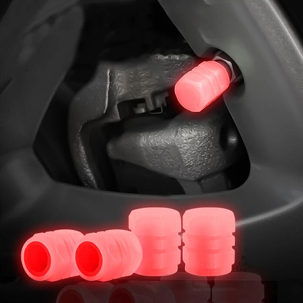 Svítící červené čepičky ventilků na kolo, auto a motorku, sada 4ks