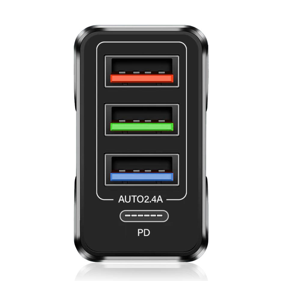Síťová nabíječka 3x USB a 1x PD port (USB-C), černá