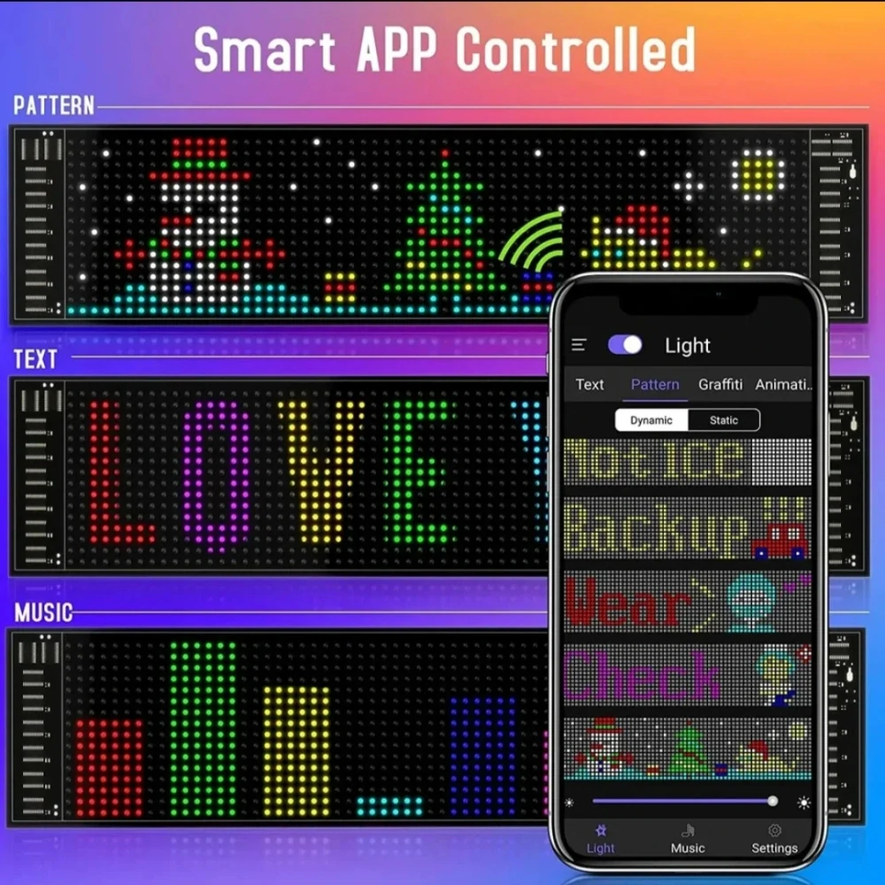 Flexibilní LED USB panel 348x102mm s vlastním textovým animačním vzorem + iOS a Android s Bluetooth