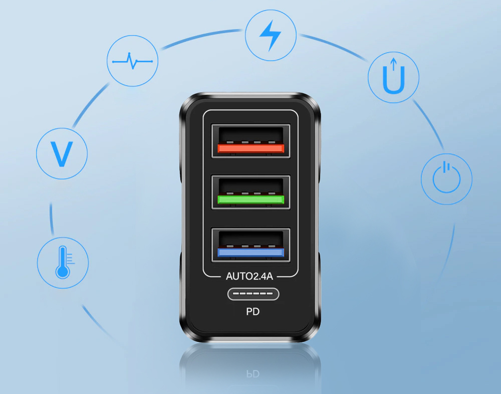 Síťová nabíječka 3x USB a 1x PD port (USB-C), černá