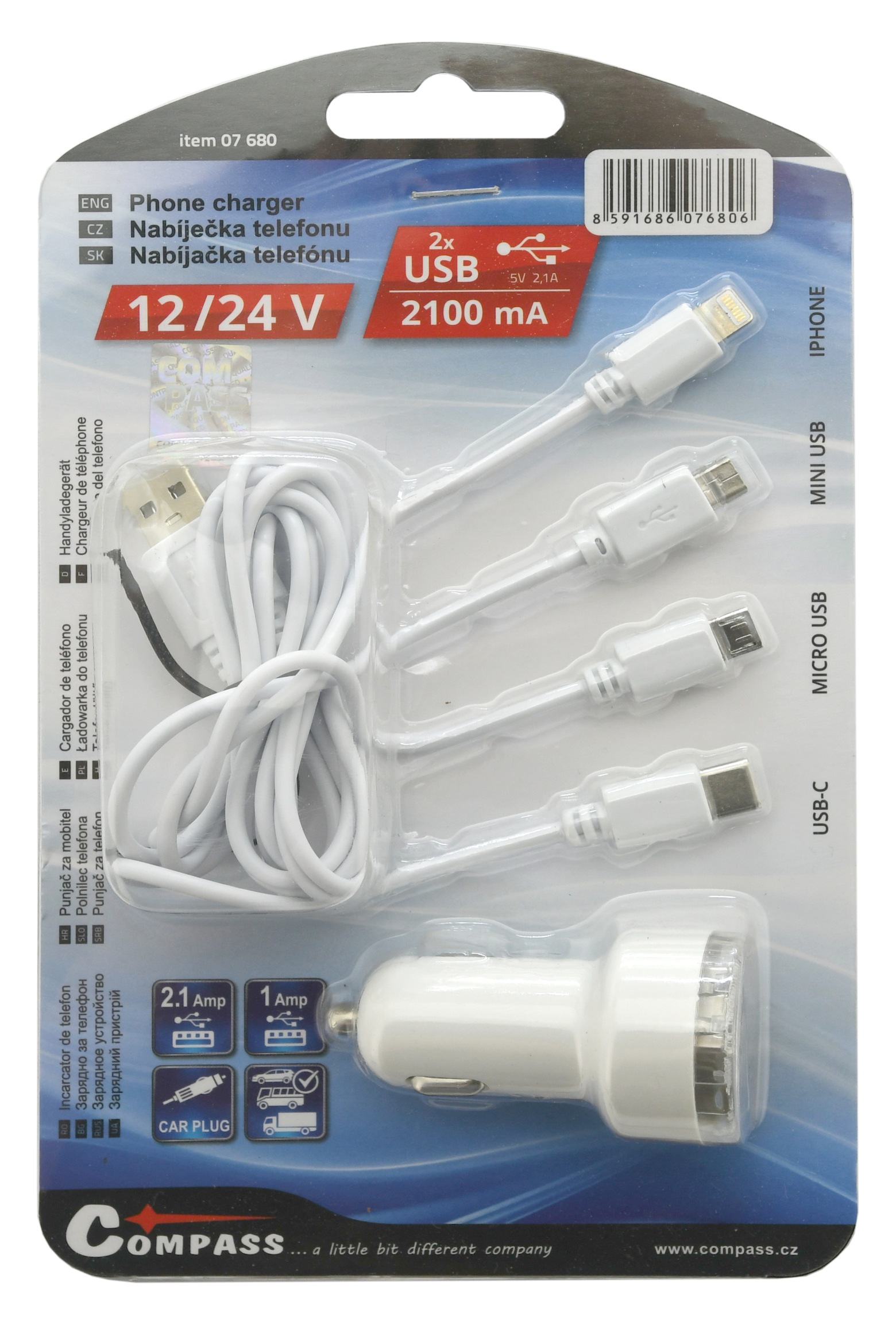Nabíječka telefonu 12V 2,1A (Iphone, miniUSB, microUSB, USB-C)