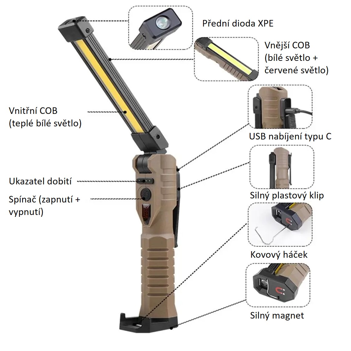 LED USB svítilna - baterka skládací COB XPE LED 15W 1500lm 1200mAh, 7 režimů svícení, s powerbankou