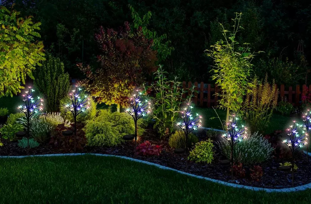 Solární zahradní lampa LED strom s květinami, zápich 70cm, 600mAh