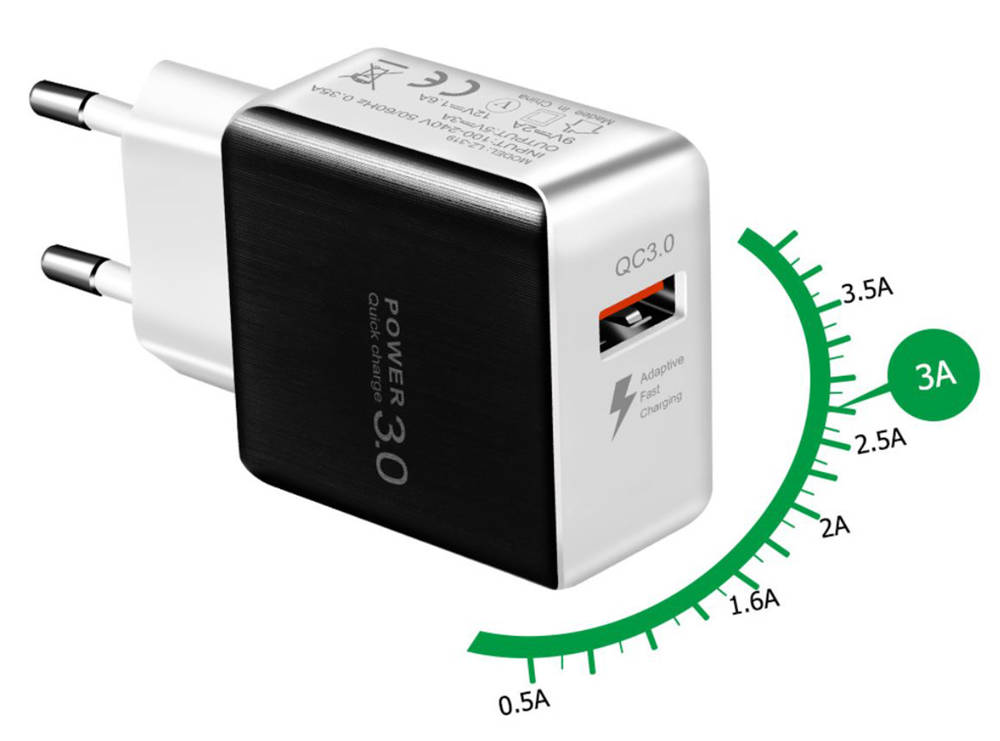Rychlonabíječka USB černá, rychlé nabíjení Quick Charge 3.0, adaptivní rychlé nabíjení
