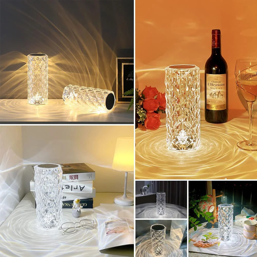 Křišťálová LED stolní lampa, vzor růže, 3 barvy světla, dotykový panel, USB-C kabel, 2000 mAh baterie 