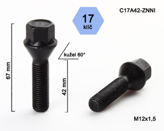 Kolový šroub M12x1,5x42mm, dosedací plocha kužel, klíč 17, černý pozink, BIMECC