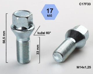 Kolový šroub M14x1,25x33mm, dosedací plocha kužel, klíč 17, pozink, BIMECC